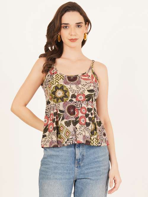 women printed shoulder strap peplum top - 22083636 - Standard Image - 0