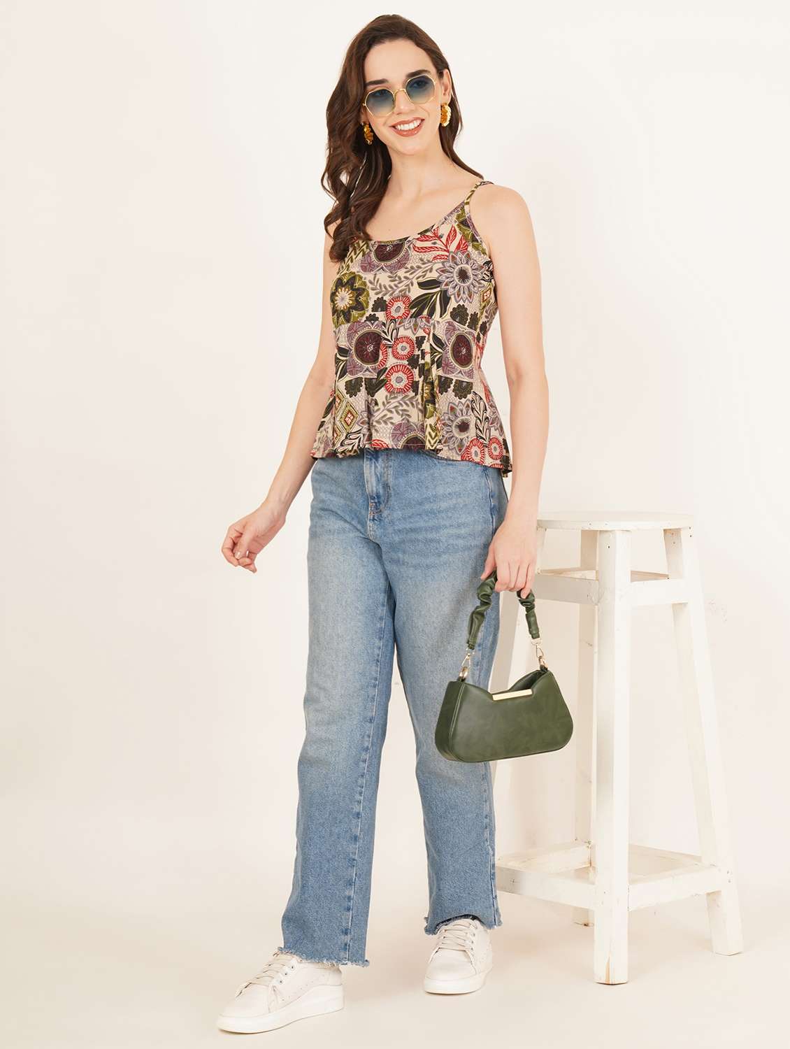 women printed shoulder strap peplum top - 22083636 - Standard Image - 7