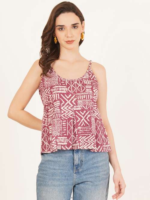 women printed shoulder strap peplum top - 22083637 -  Standard Image - 0