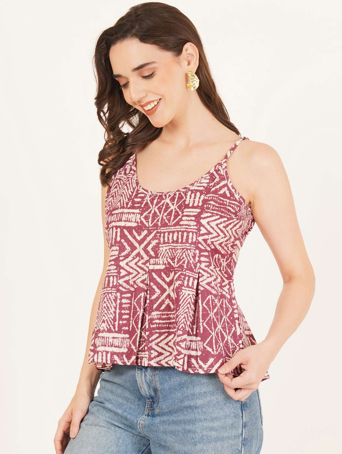 women printed shoulder strap peplum top - 22083637 - Standard Image - 2