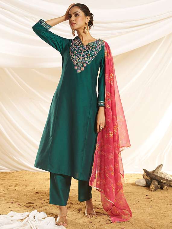 women embroidered three quarter sleeve kurta pant with dupatta set - 22083639 - Standard Image - 2