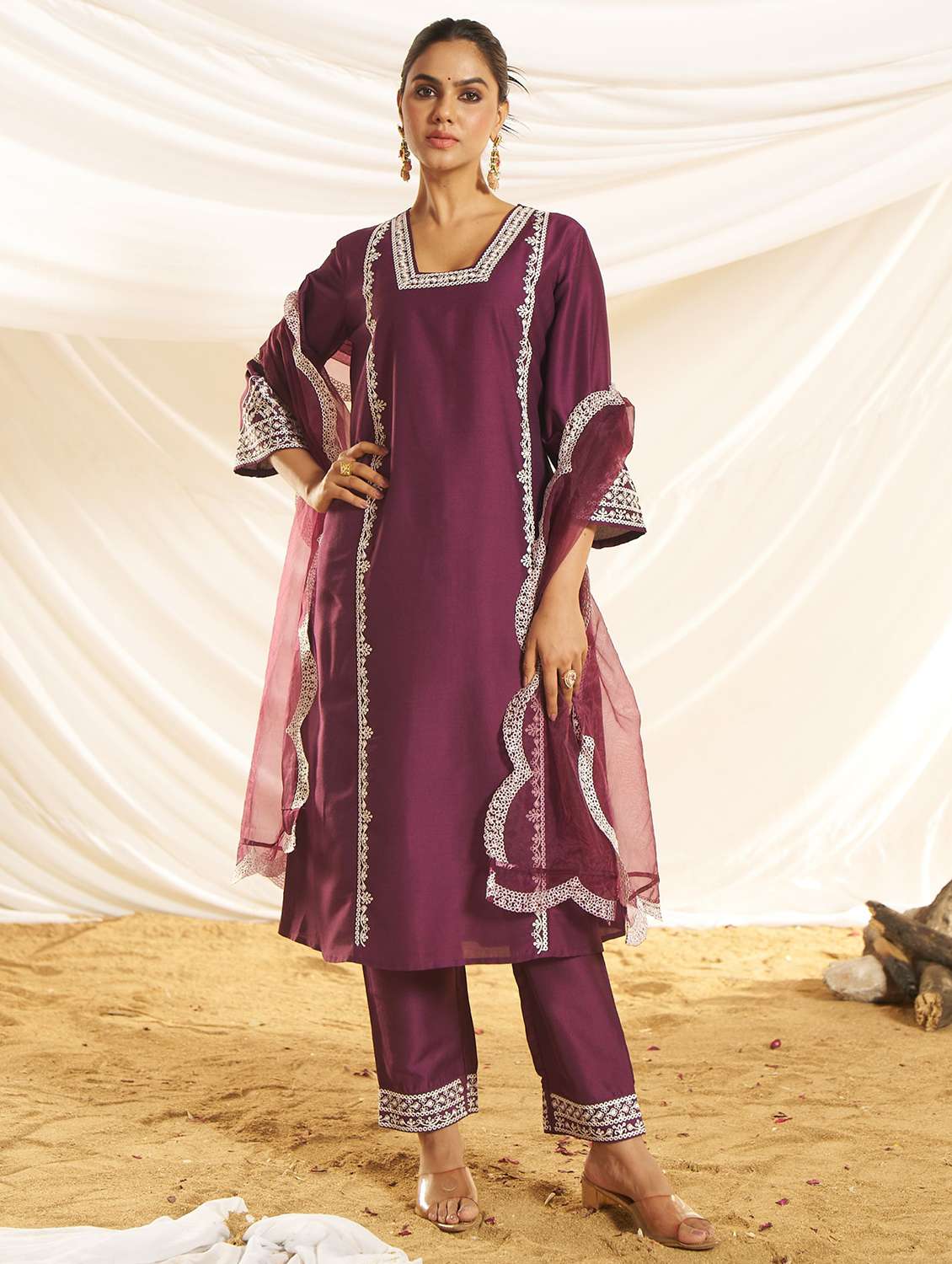 women embroidered three quarter sleeve kurta pant with dupatta set