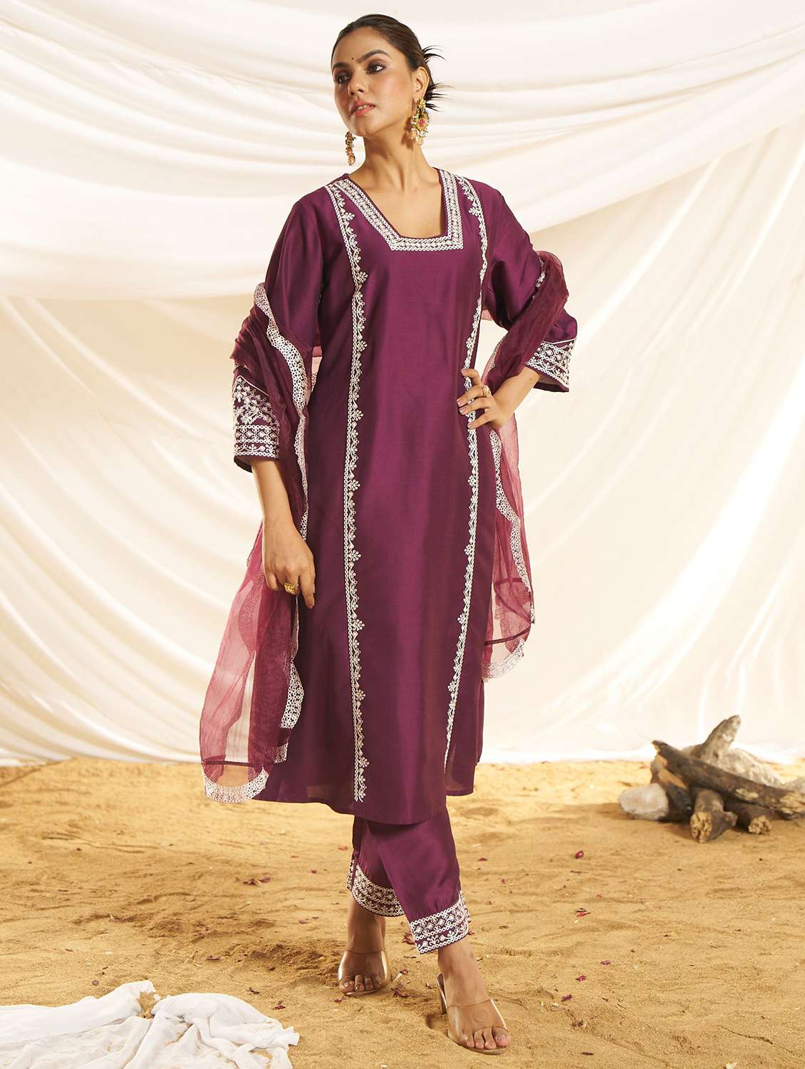 women embroidered three quarter sleeve kurta pant with dupatta set - 22083641 -  Standard Image - 2