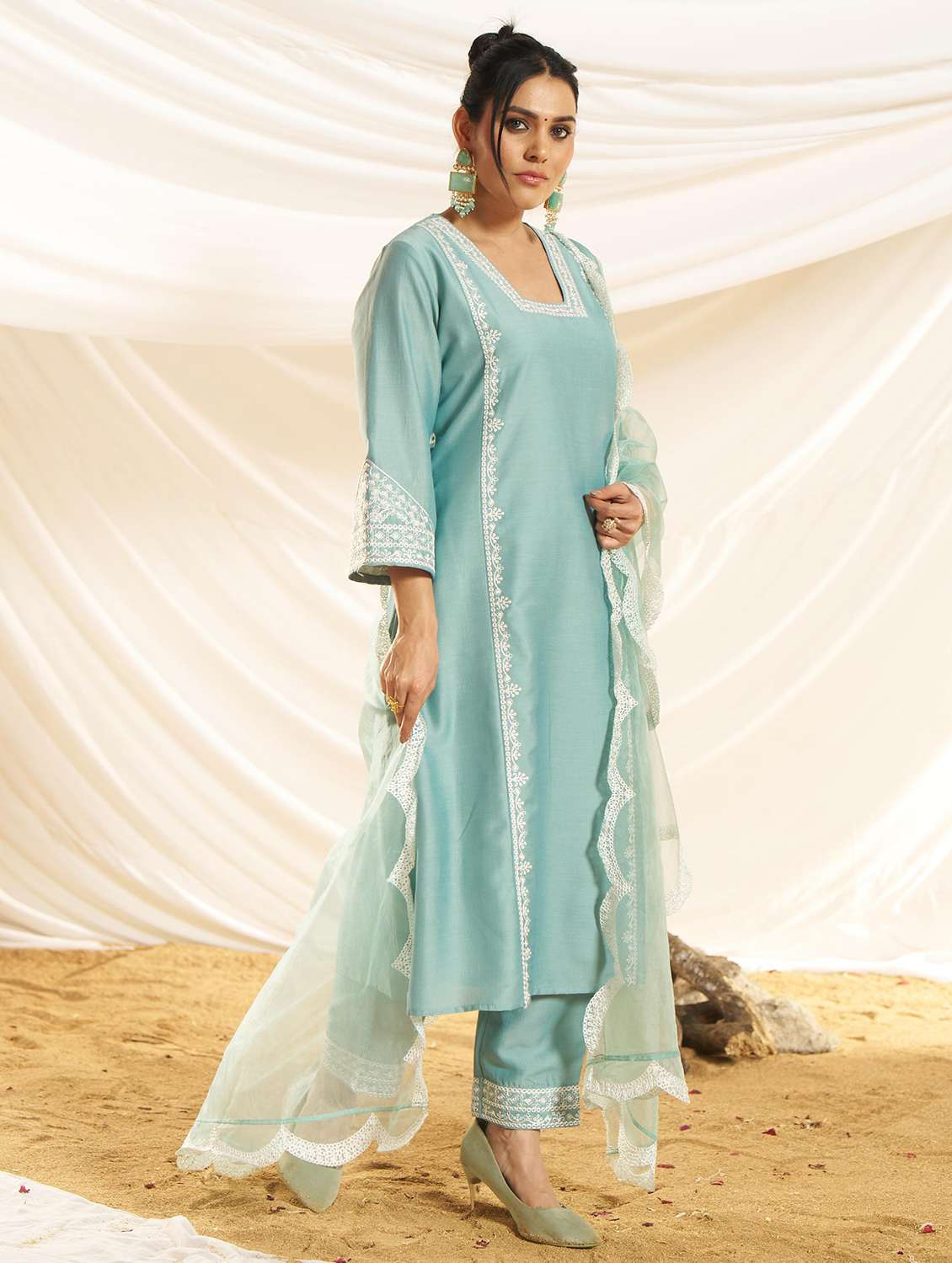 women embroidered three quarter sleeve kurta pant with dupatta set - 22083642 -  Standard Image - 2
