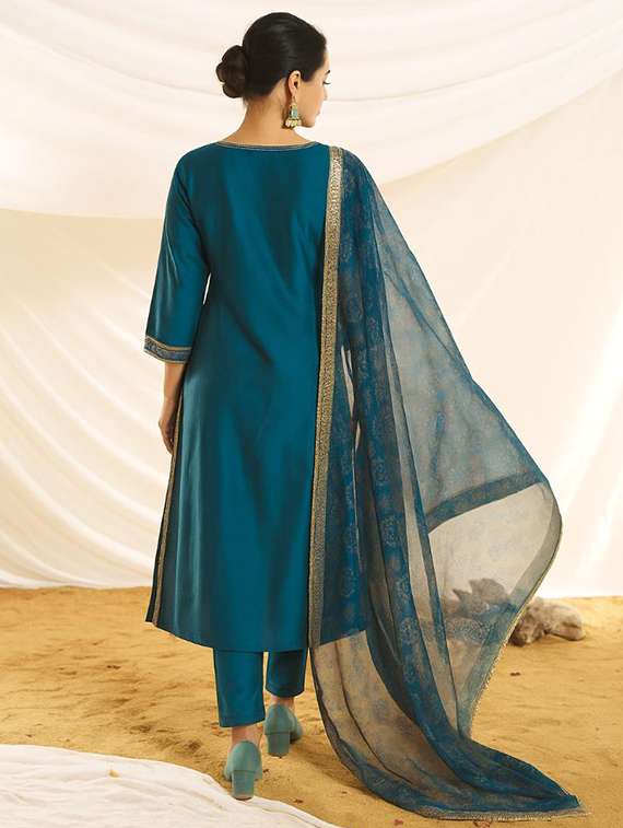 women embroidered three quarter sleeve kurta pant with dupatta set - 22083643 -  Standard Image - 2