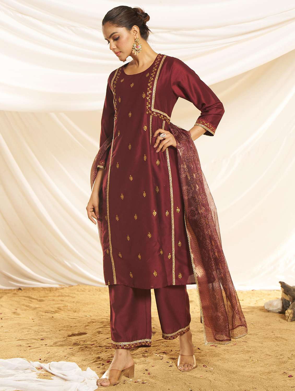 women embroidered three quarter sleeve kurta pant with dupatta set - 22083644 -  Standard Image - 2