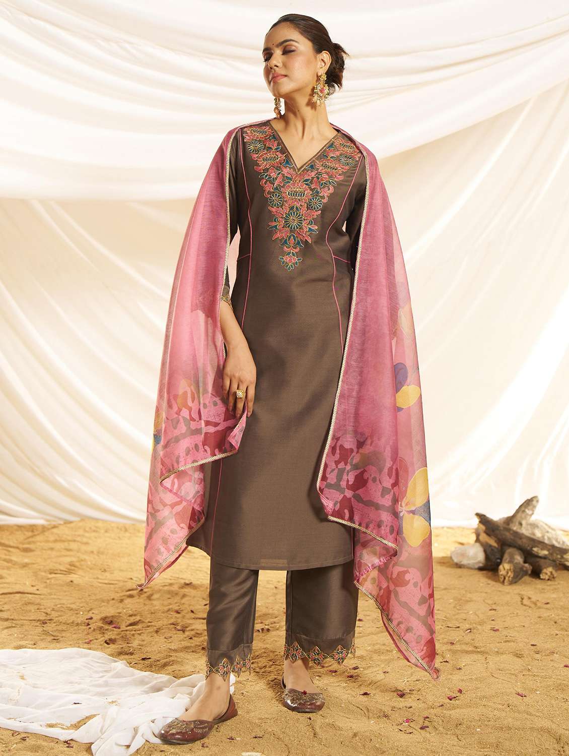 women embroidered three quarter sleeve kurta pant with dupatta set - 22083645 -  Standard Image - 2