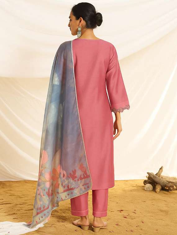 women embroidered three quarter sleeve kurta pant with dupatta set - 22083646 -  Standard Image - 2