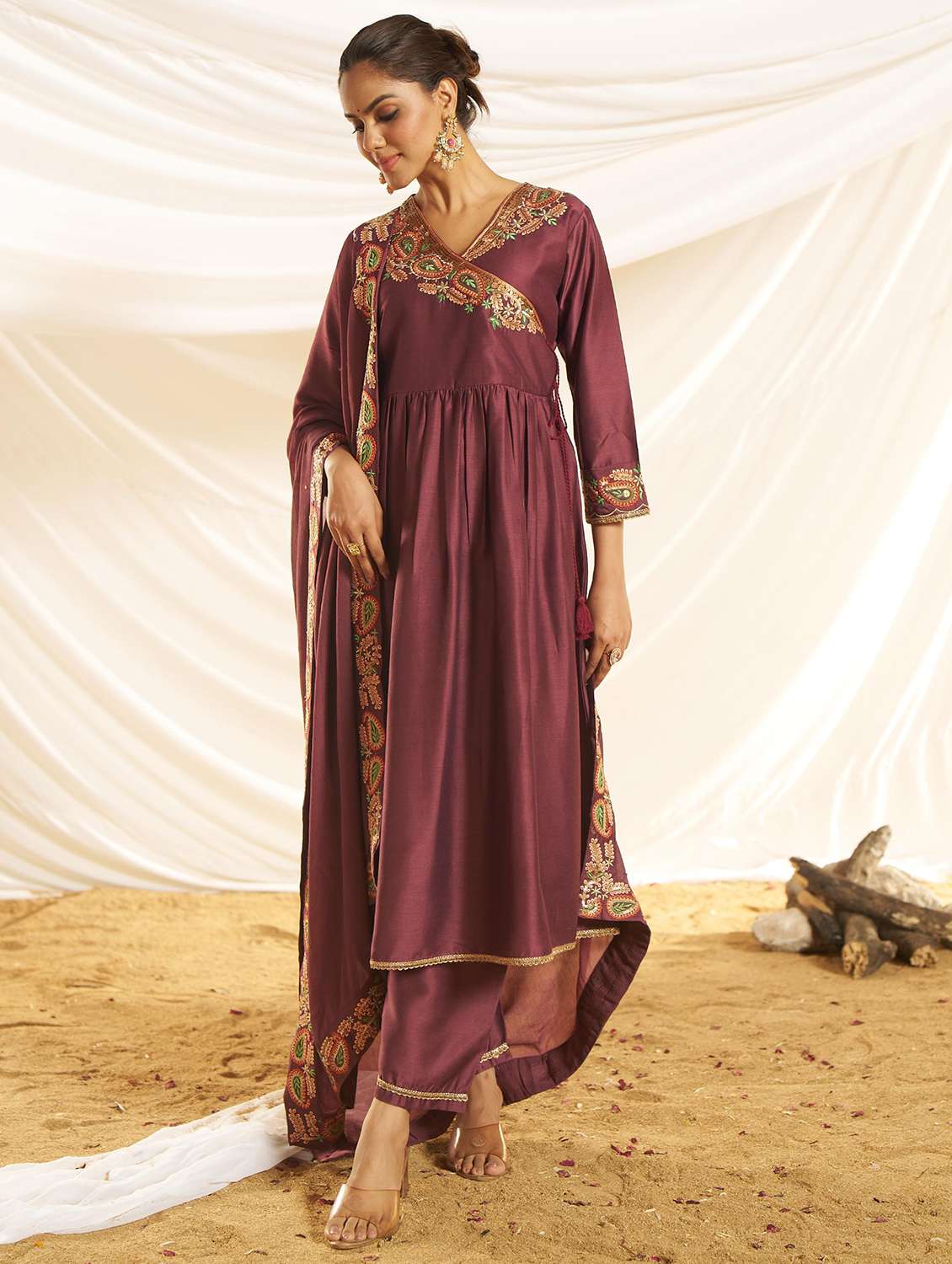 women embroidered three quarter sleeve kurta pant with dupatta set - 22083648 -  Standard Image - 2