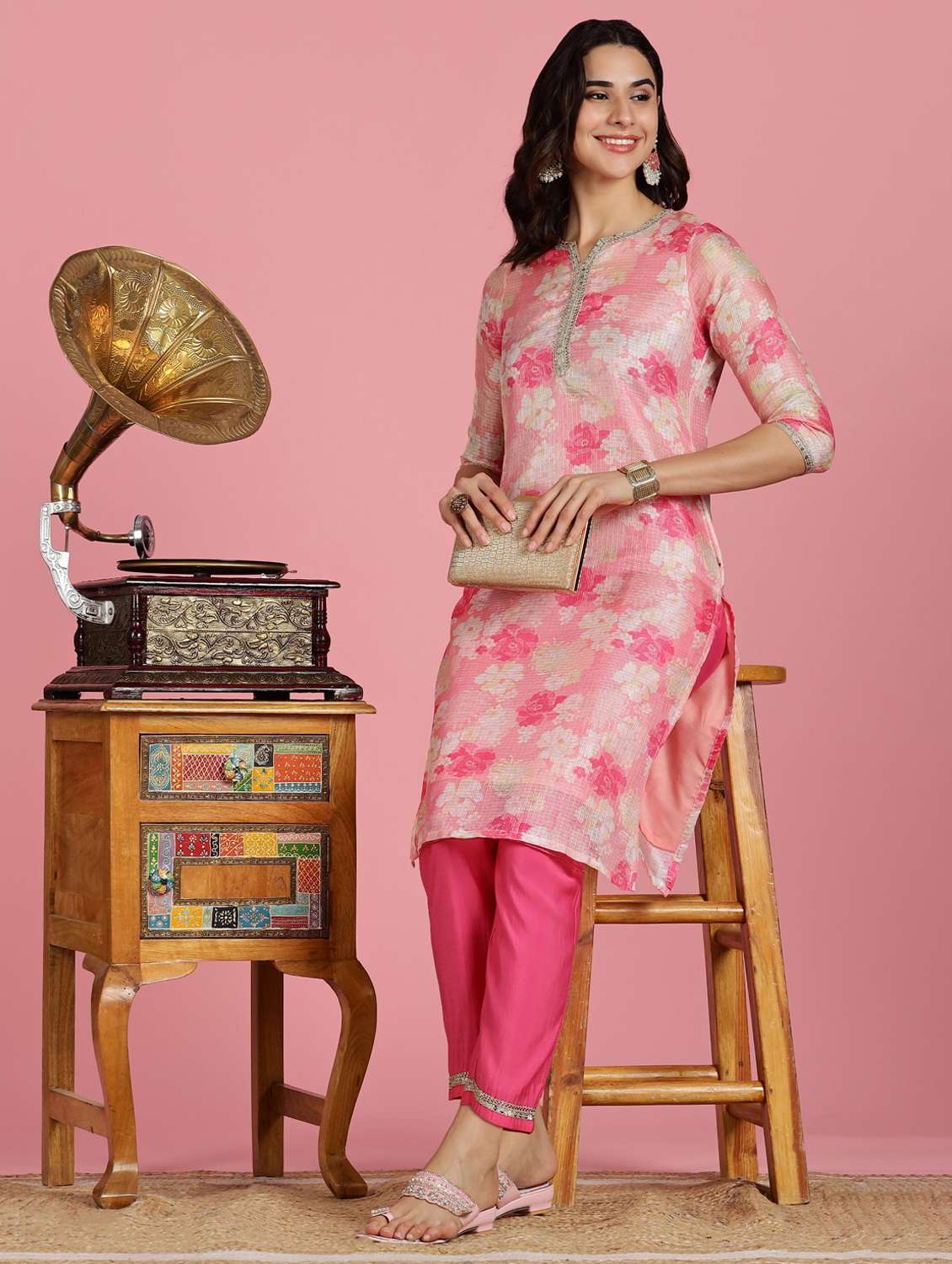 women floral three quarter sleeve kurta pant set - 22083649 -  Standard Image - 2