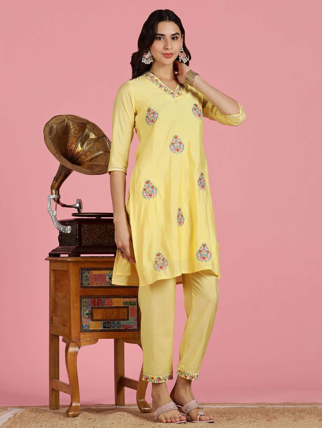 women embroidered three quarter sleeve kurta pant set - 22083652 -  Standard Image - 2