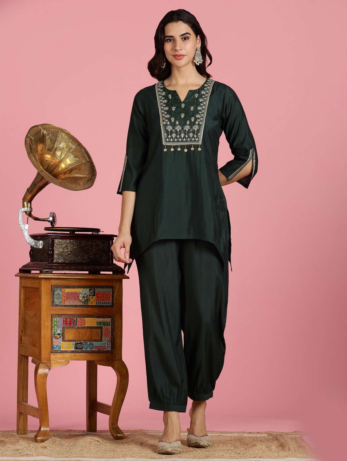 women embroidered three quarter sleeve ethnic co-ord set
