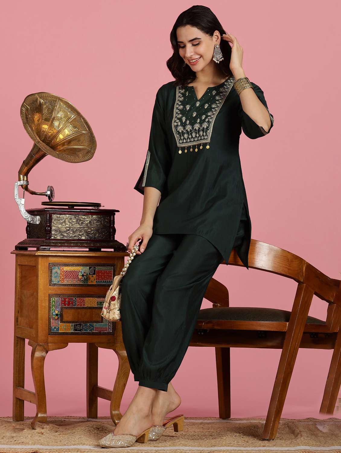 women embroidered three quarter sleeve ethnic co-ord set - 22083653 -  Standard Image - 2