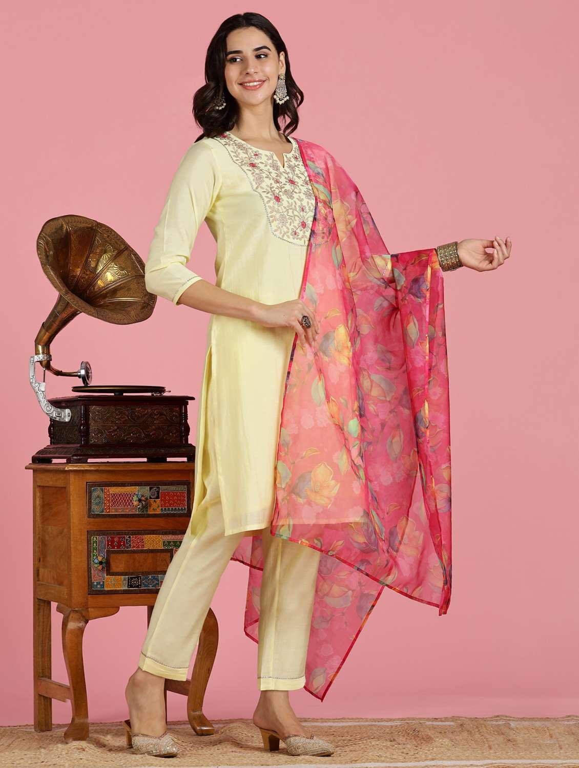 women embroidered three quarter sleeve kurta pant with dupatta set - 22083654 -  Standard Image - 2
