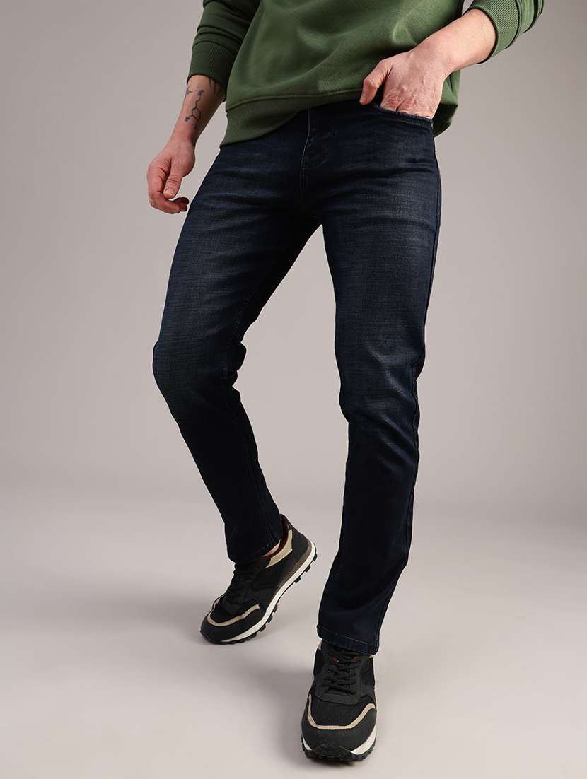 men washed mid rise full length slim fit jeans