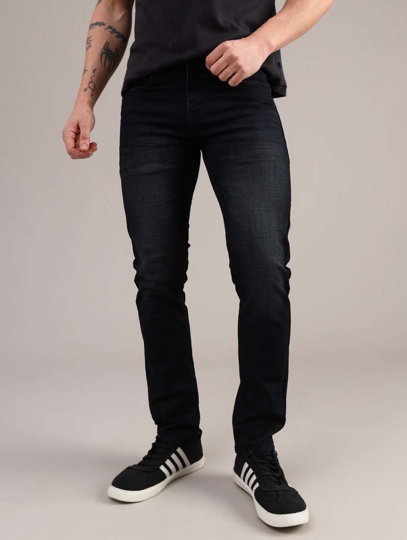 men washed mid rise full length slim fit jeans