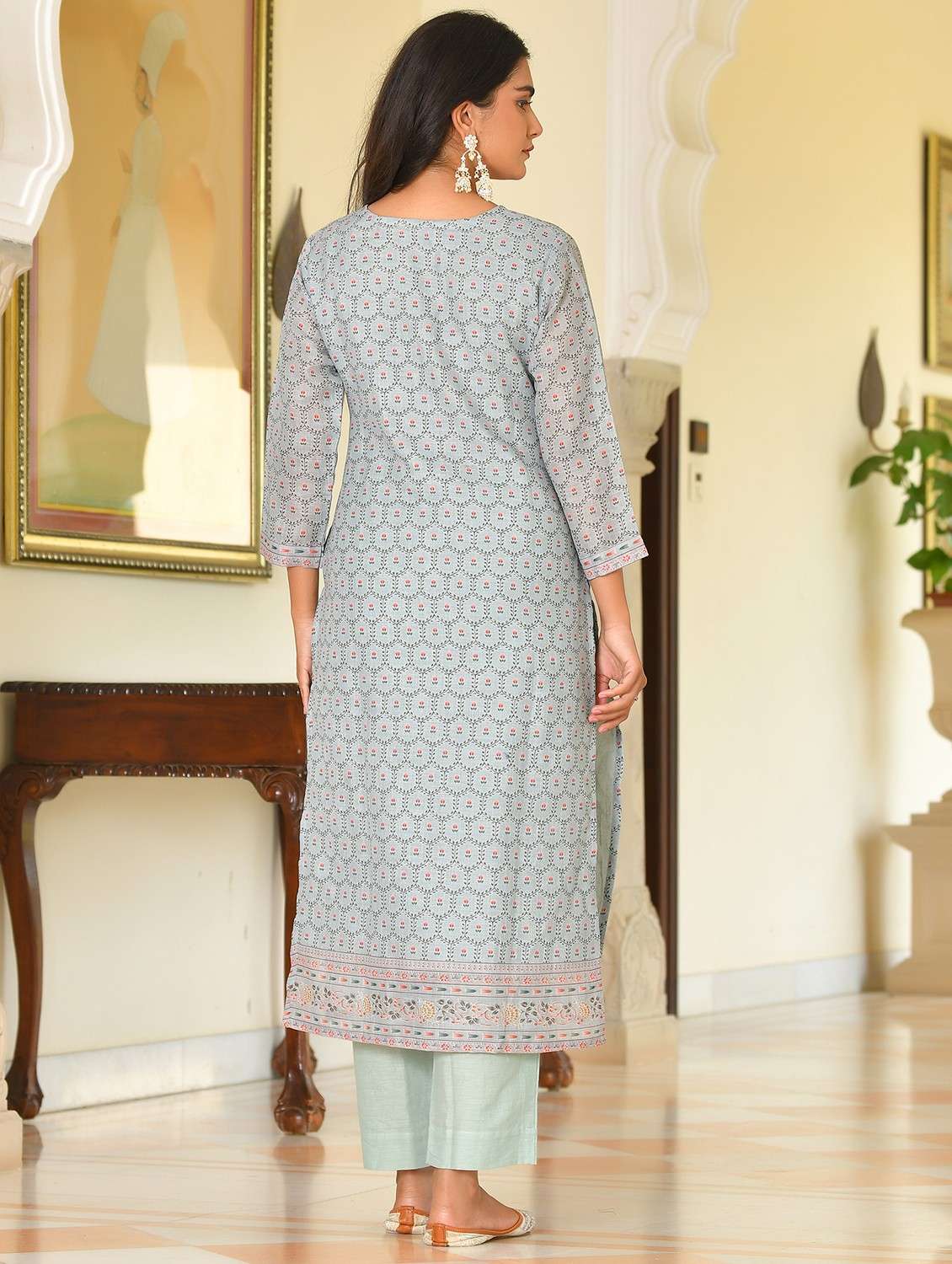 women floral three quarter sleeve kurta pant with dupatta set - 22083997 - Standard Image - 2