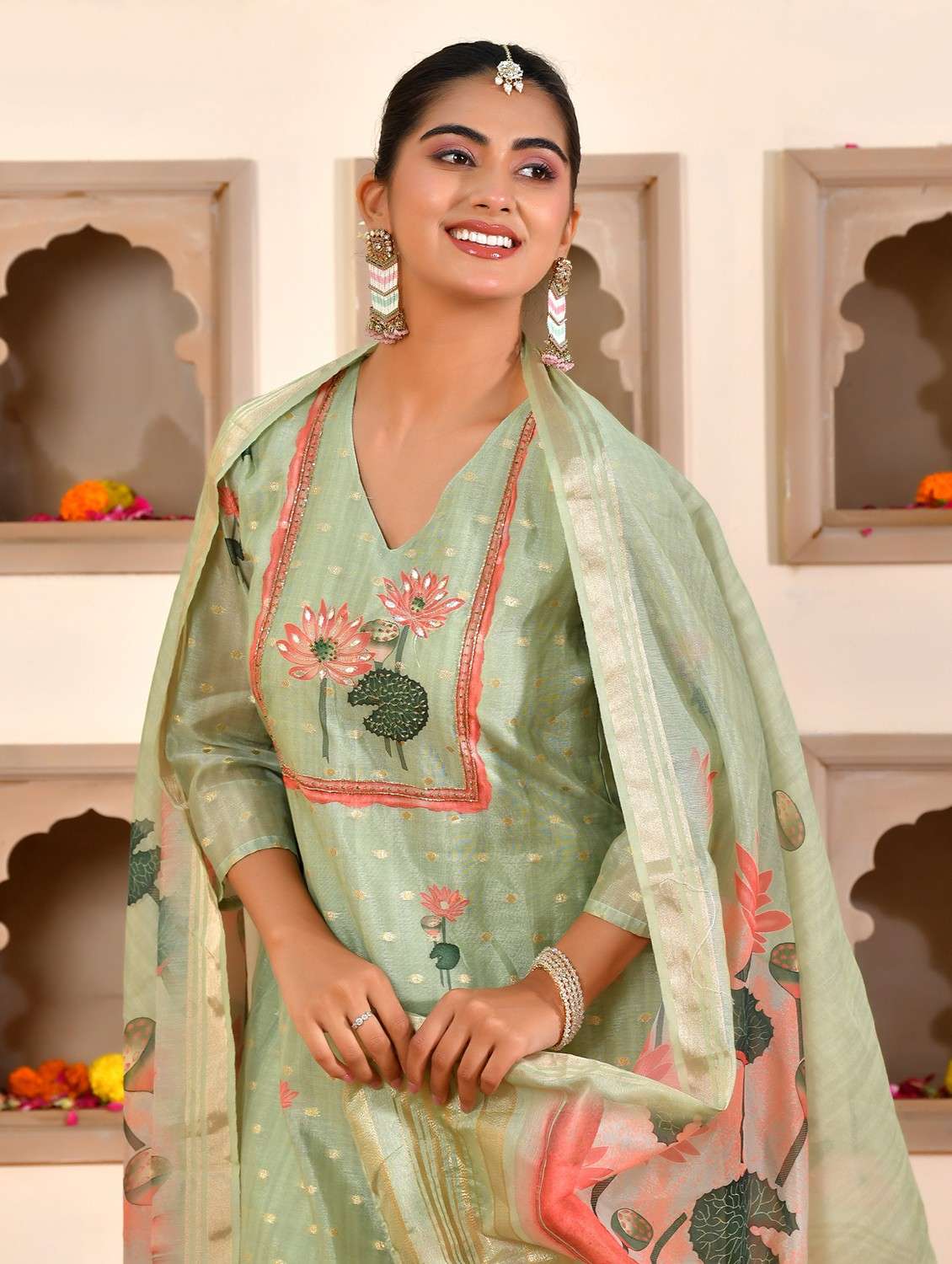 women floral three quarter sleeve kurta pant with dupatta set - 22084003 - Standard Image - 2