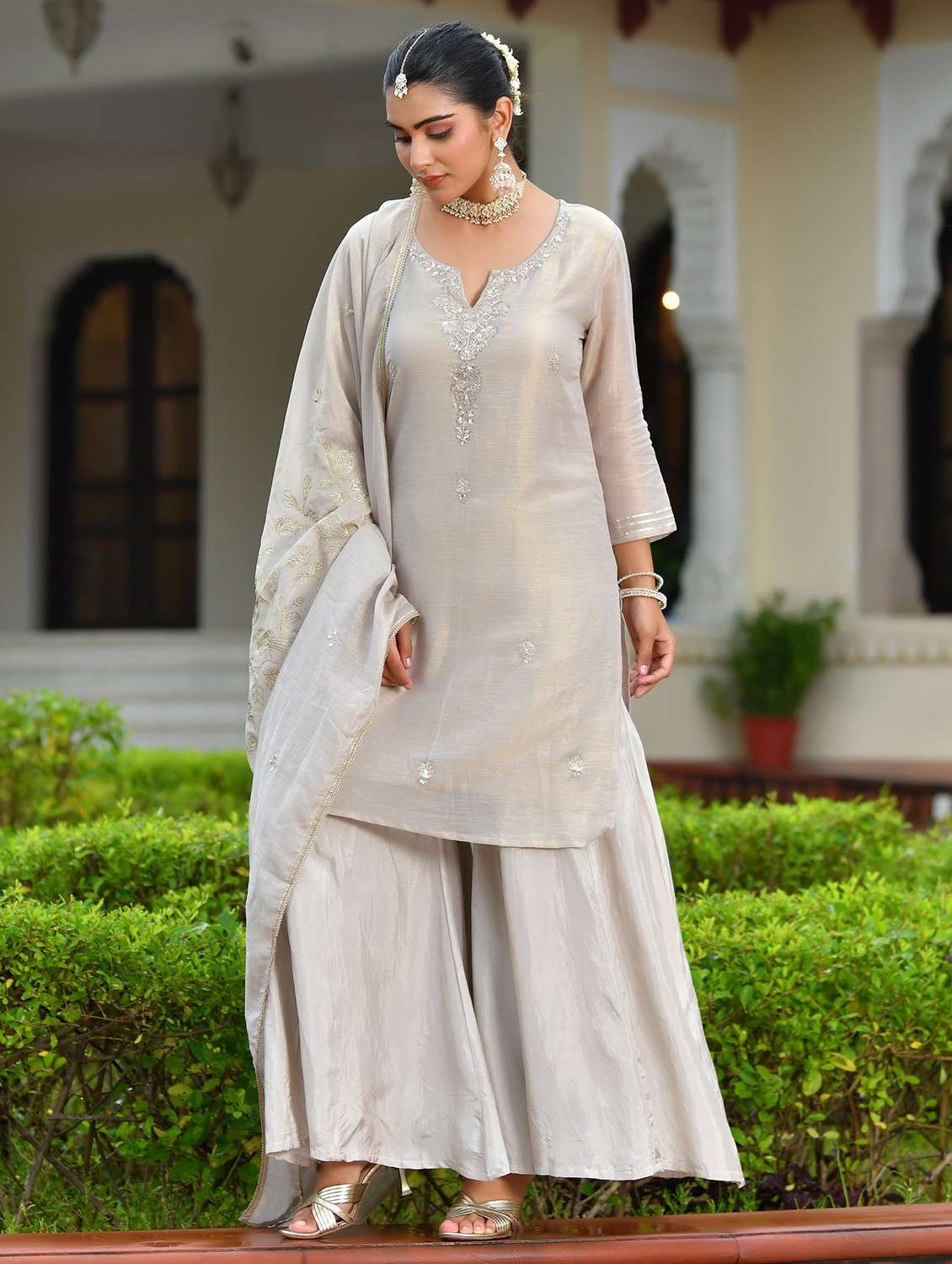women three quarter sleeve kurta sharara with dupatta set - 22084013 -  Standard Image - 2