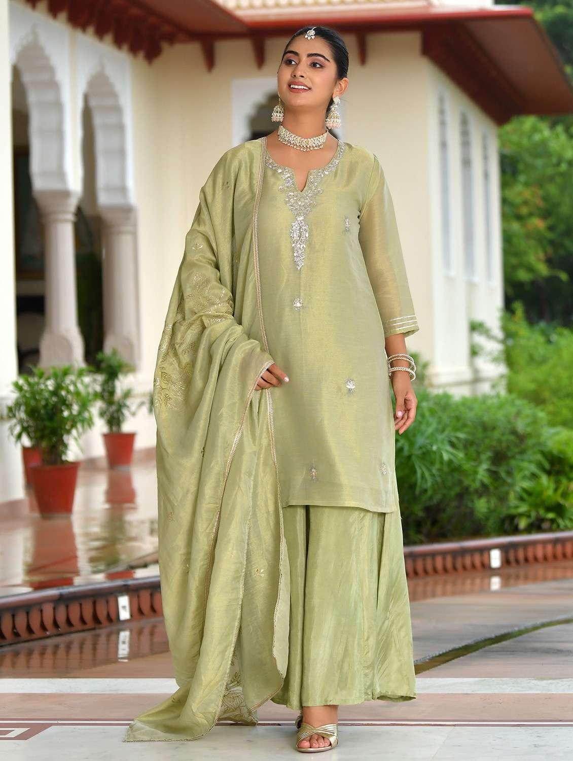 women three quarter sleeve kurta sharara with dupatta set