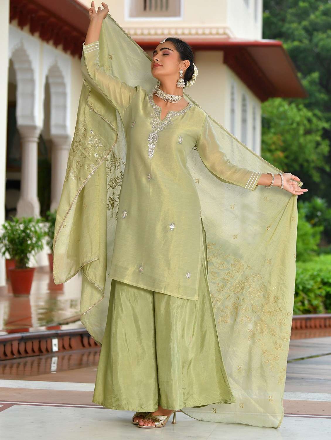 women three quarter sleeve kurta sharara with dupatta set - 22084014 -  Standard Image - 2