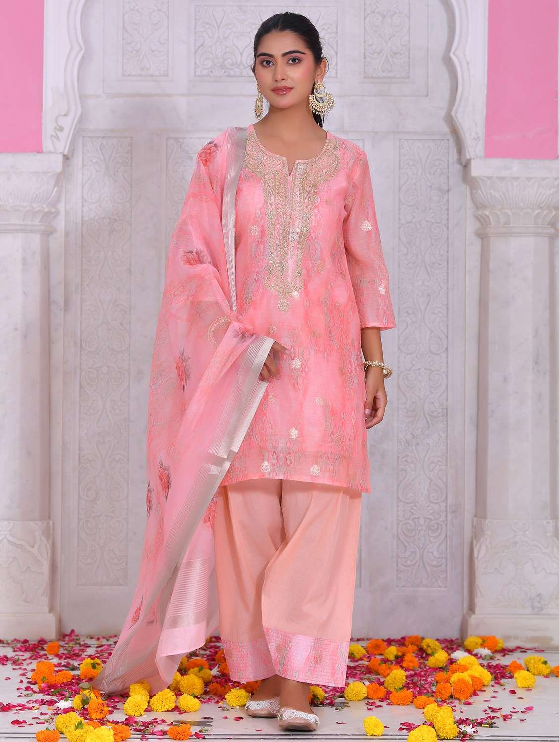 women self design three quarter sleeve kurta salwar with dupatta set - 22084017 - Standard Image - 2