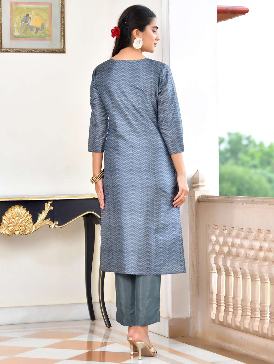 women chevron three quarter sleeve kurta pant with dupatta set - 22084022 - Standard Image - 2
