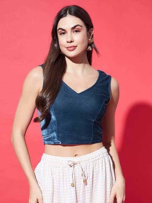 women solid sleeveless stitched velvet blouse - 22084028 - Standard Image - 0