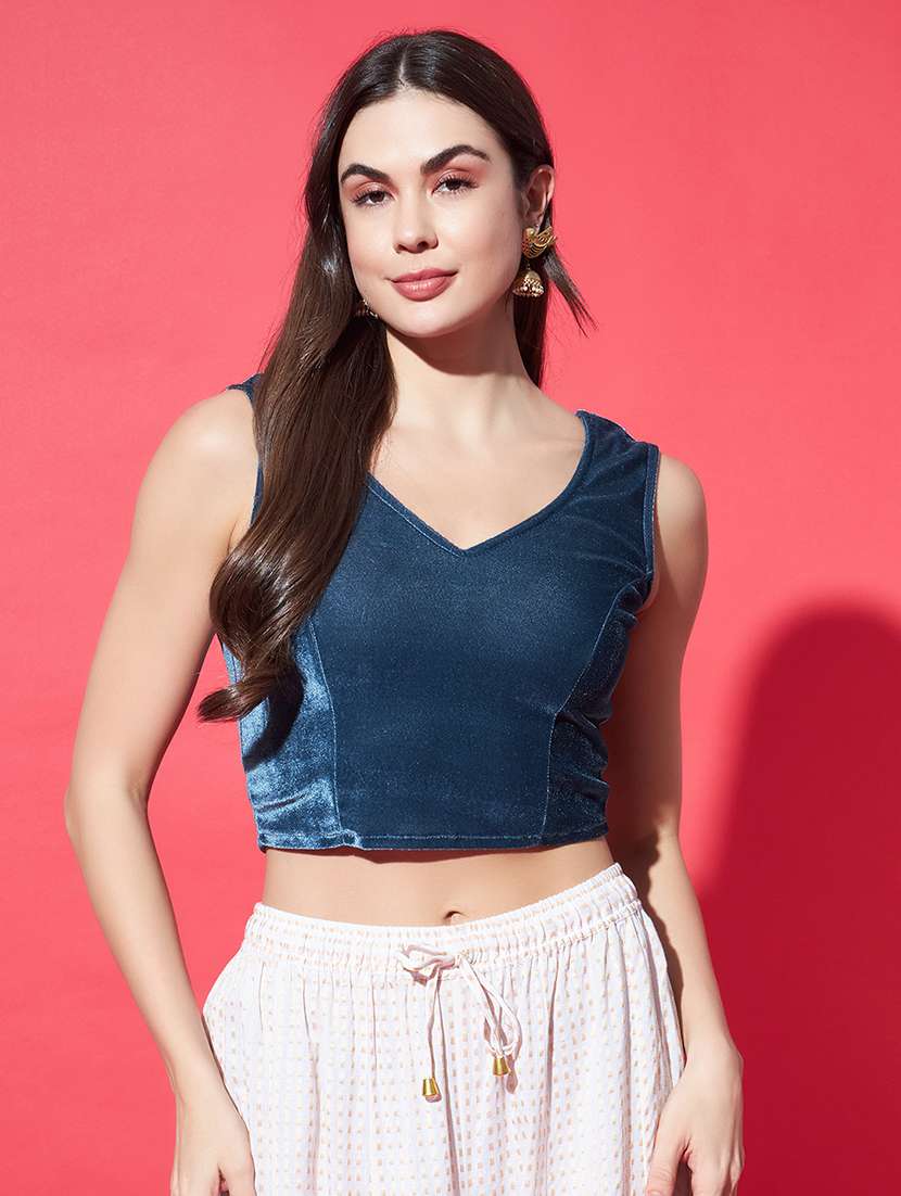 women solid sleeveless stitched velvet blouse - 22084028 - Zoom Image - 0