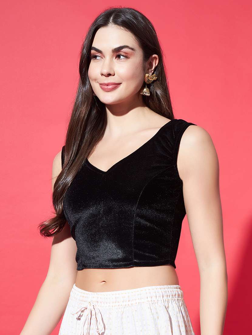 women solid sleeveless stitched velvet blouse - 22084030 - Standard Image - 2