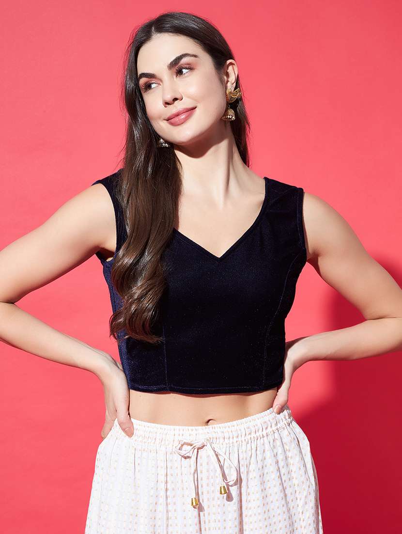 women solid sleeveless stitched velvet blouse