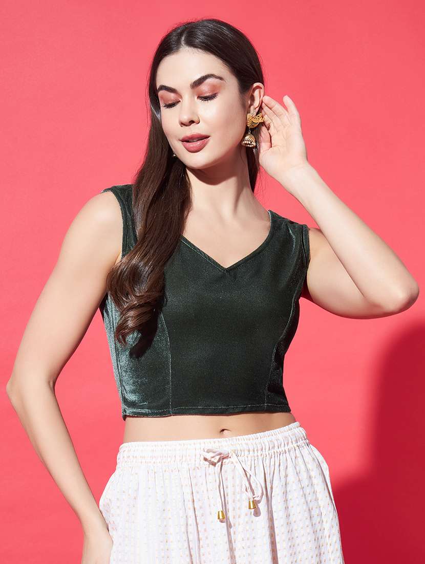 women solid sleeveless stitched velvet blouse