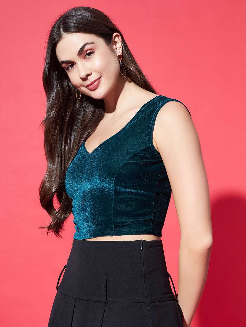 women solid sleeveless stitched velvet blouse - 22084034 - Standard Image - 2