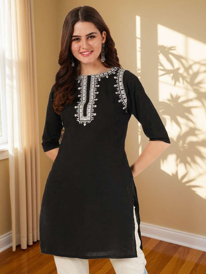 women embroidered three quarter sleeve straight kurti
