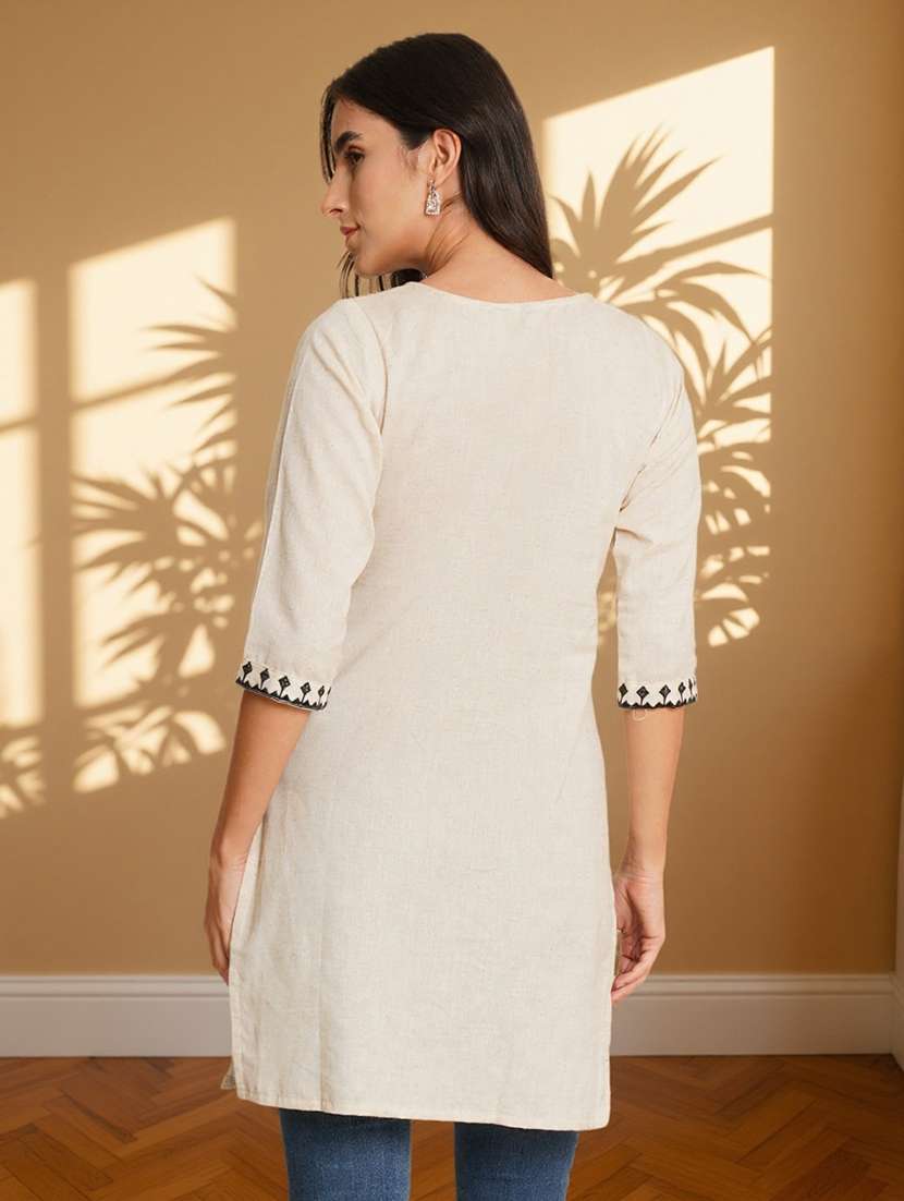 women embroidered three quarter sleeve straight kurti - 22084043 -  Standard Image - 2