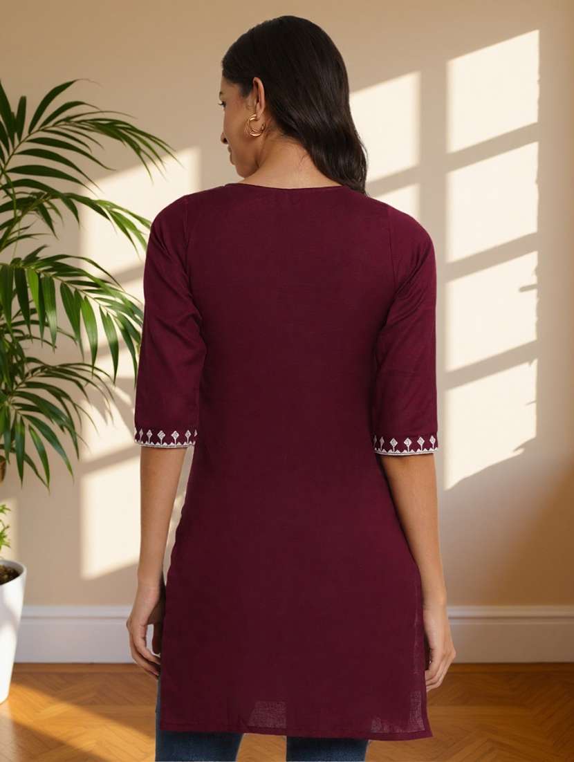 women embroidered three quarter sleeve straight kurti - 22084046 -  Standard Image - 2