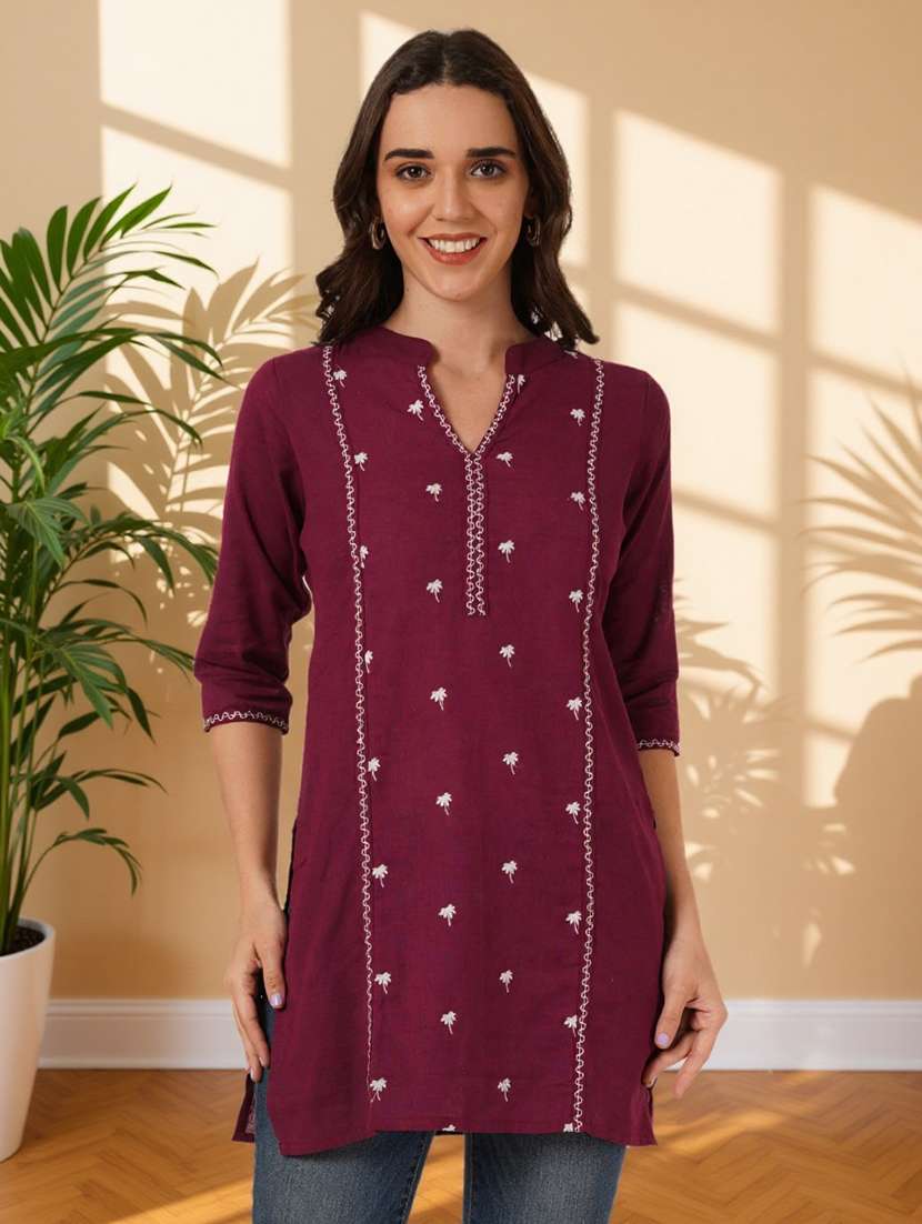 women embroidered three quarter sleeve straight kurti