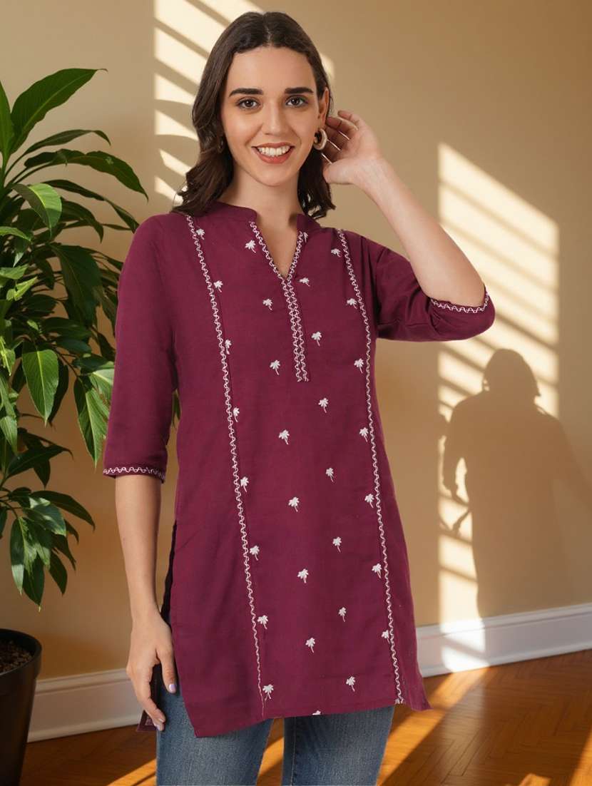 women embroidered three quarter sleeve straight kurti - 22084050 -  Standard Image - 2