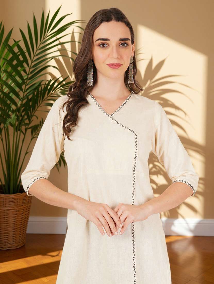 women embroidered three quarter sleeve straight kurti - 22084052 -  Standard Image - 2
