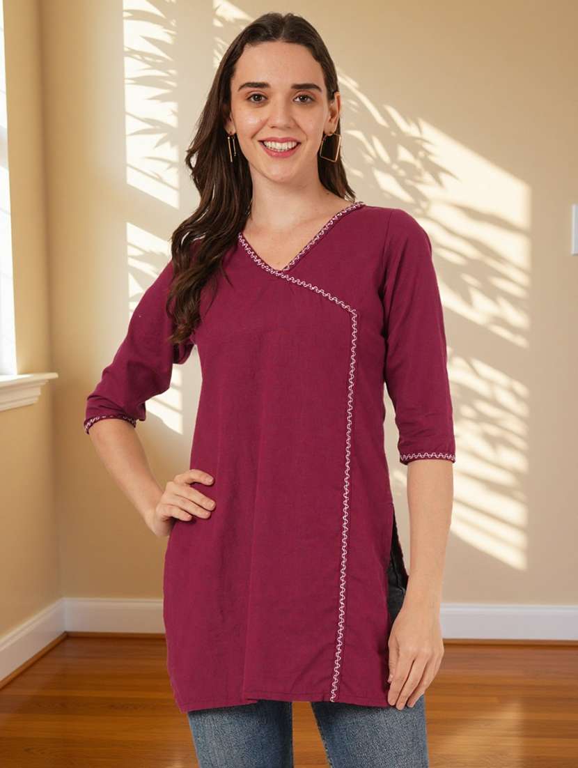 women embroidered three quarter sleeve straight kurti - 22084054 -  Standard Image - 2