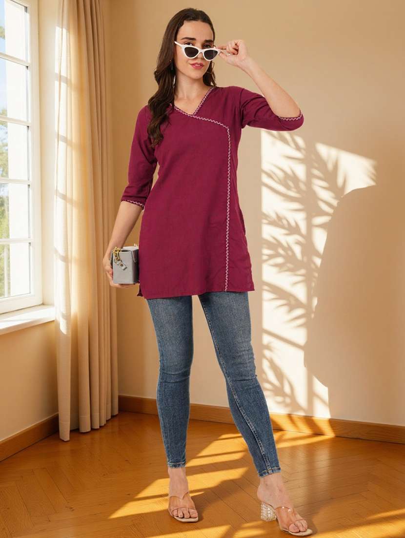 women embroidered three quarter sleeve straight kurti - 22084054 -  Standard Image - 7