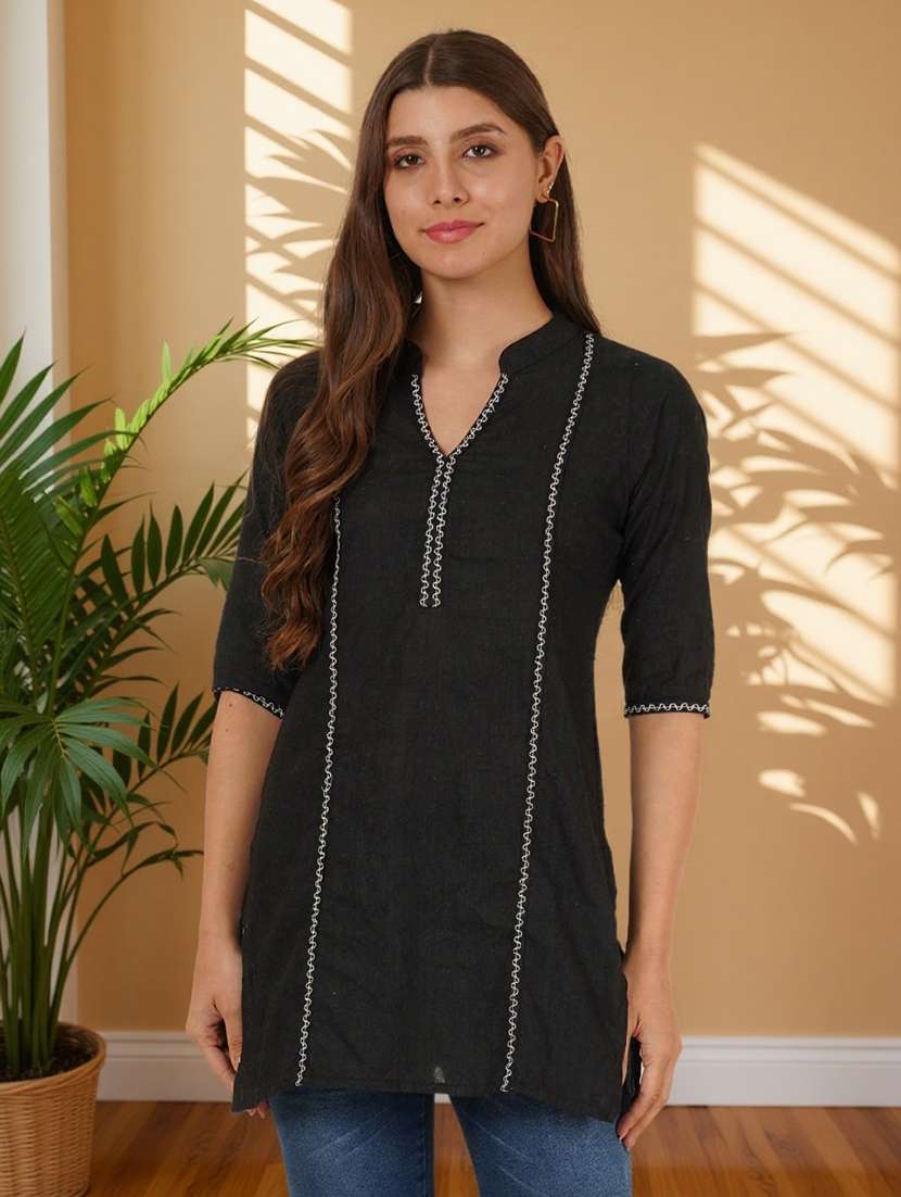 Women Embroidered Three Quarter Sleeve Straight Kurti - 22084056 -  Standard Image - 2