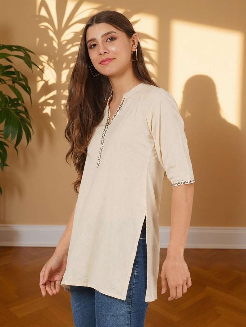 women embroidered three quarter sleeve straight kurti - 22084058 -  Standard Image - 2