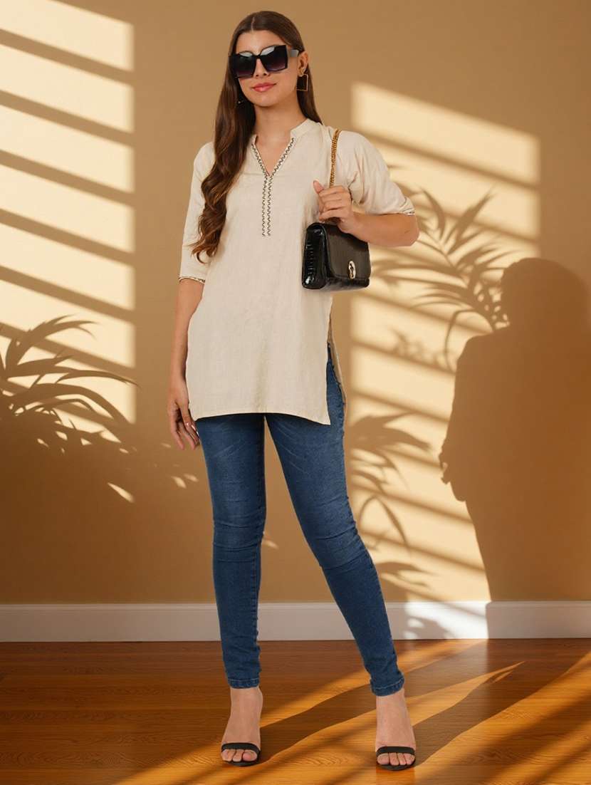 women embroidered three quarter sleeve straight kurti - 22084058 -  Standard Image - 7