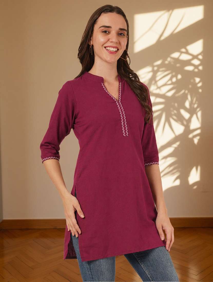 women embroidered three quarter sleeve straight kurti - 22084060 -  Standard Image - 2