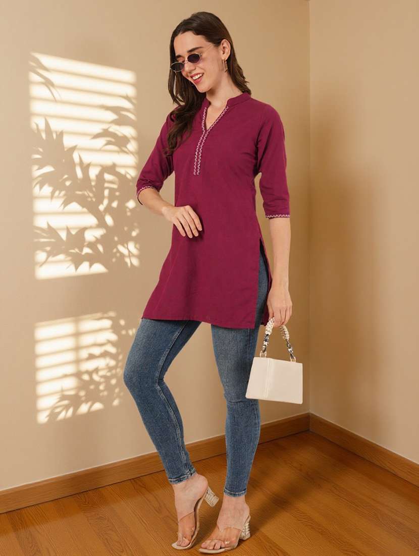 women embroidered three quarter sleeve straight kurti - 22084060 -  Standard Image - 7