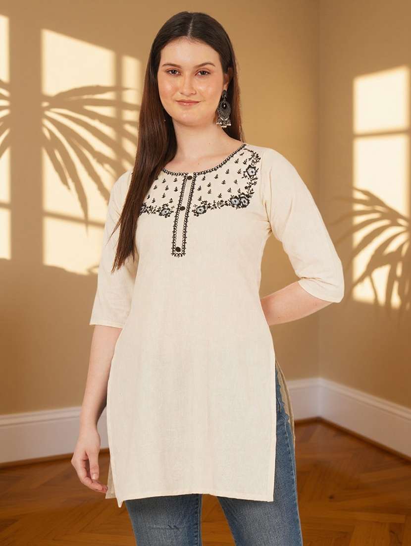 women embroidered three quarter sleeve straight kurti