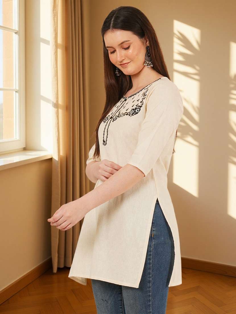 women embroidered three quarter sleeve straight kurti - 22084061 -  Standard Image - 2