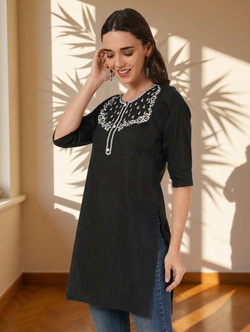 women embroidered three quarter sleeve straight kurti - 22084062 -  Standard Image - 2