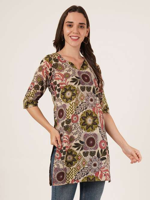 women printed three quarter sleeve straight kurti - 22084072 - Standard Image - 0